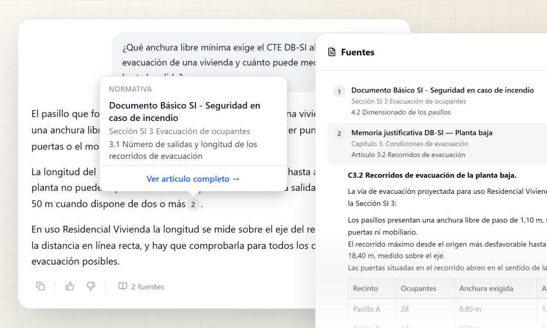 Respuesta del asistente con el panel de fuentes y la ficha de la norma citada desplegada sobre la cita, con el acceso «Ver artículo completo».