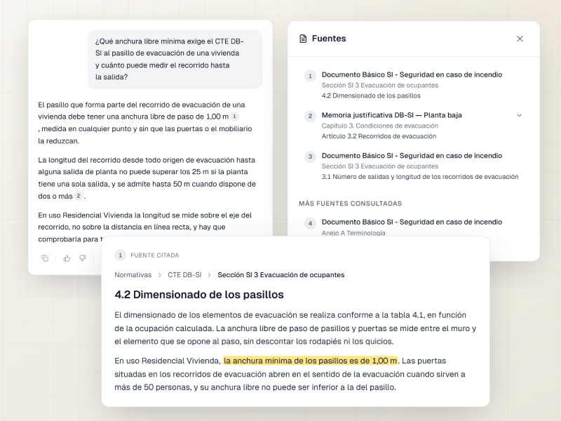 El asistente respondiendo dentro de un proyecto, con el panel de fuentes abierto y el artículo citado desplegado en pantalla.