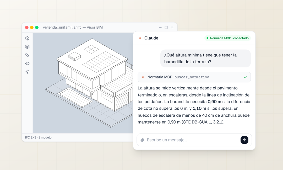 El visor BIM con un modelo IFC abierto y un asistente conectado a «Normatia MCP» respondiendo a una pregunta sobre normativa con el artículo aplicable.