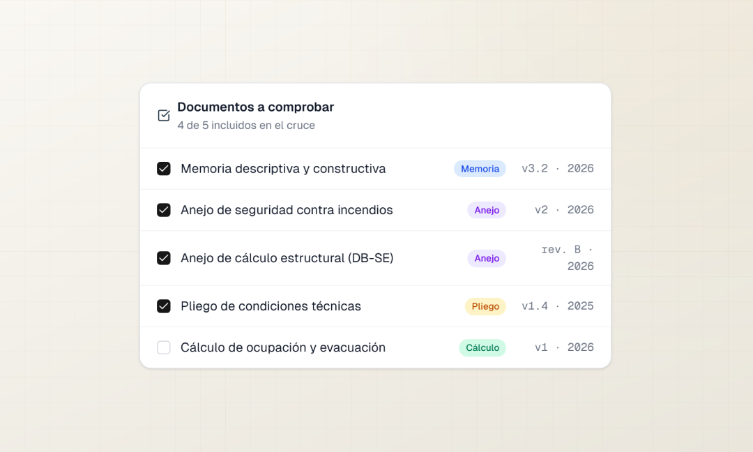 Cruce interdocumental de una auditoría: memoria, anejos, pliego y cálculo con su versión y su año, marcados como incluidos en la comprobación.