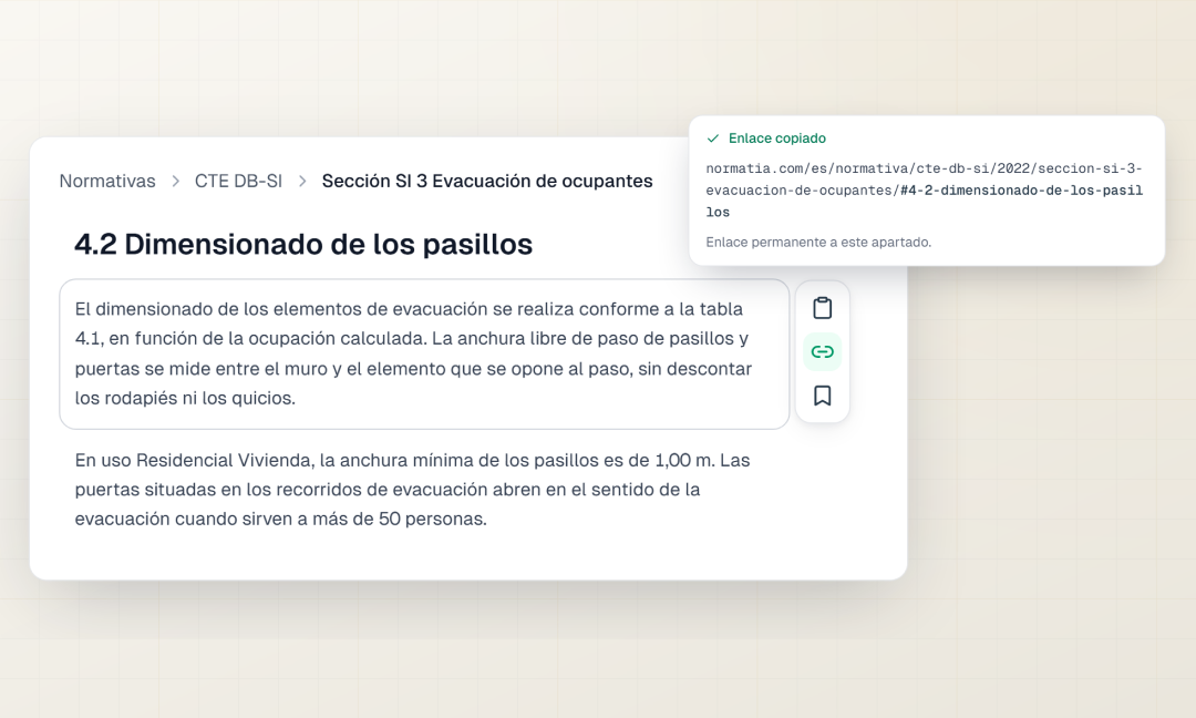 Artículo normativo con la barra de herramientas lateral y el aviso de «Enlace copiado» con la URL permanente del apartado.
