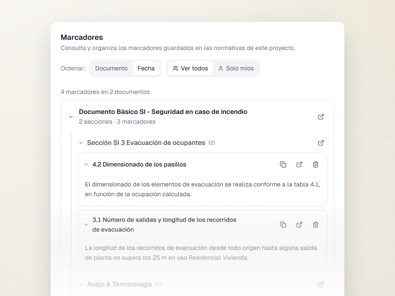 Panel de marcadores de Normatia con los artículos guardados agrupados por documento y sección, con sus notas y sus acciones.