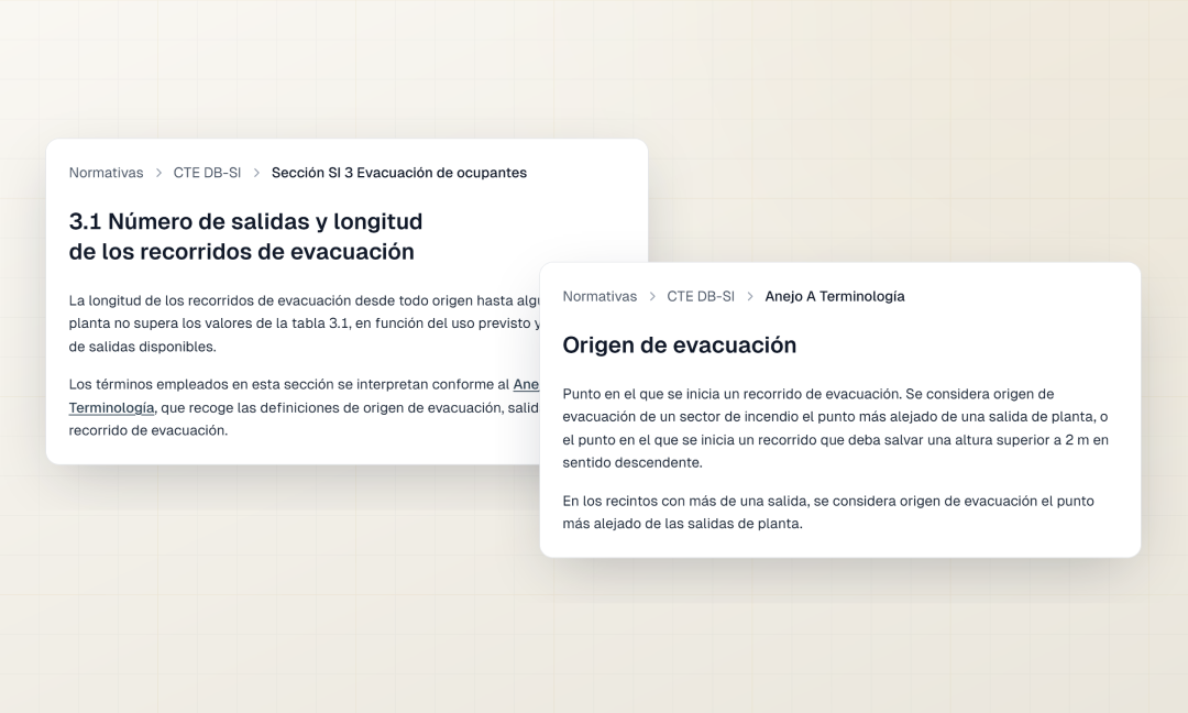 Vista de lectura del artículo 3.1 del DB-SI sobre recorridos de evacuación, con el pop-up de definición de «origen de evacuación» abierto sobre el texto.