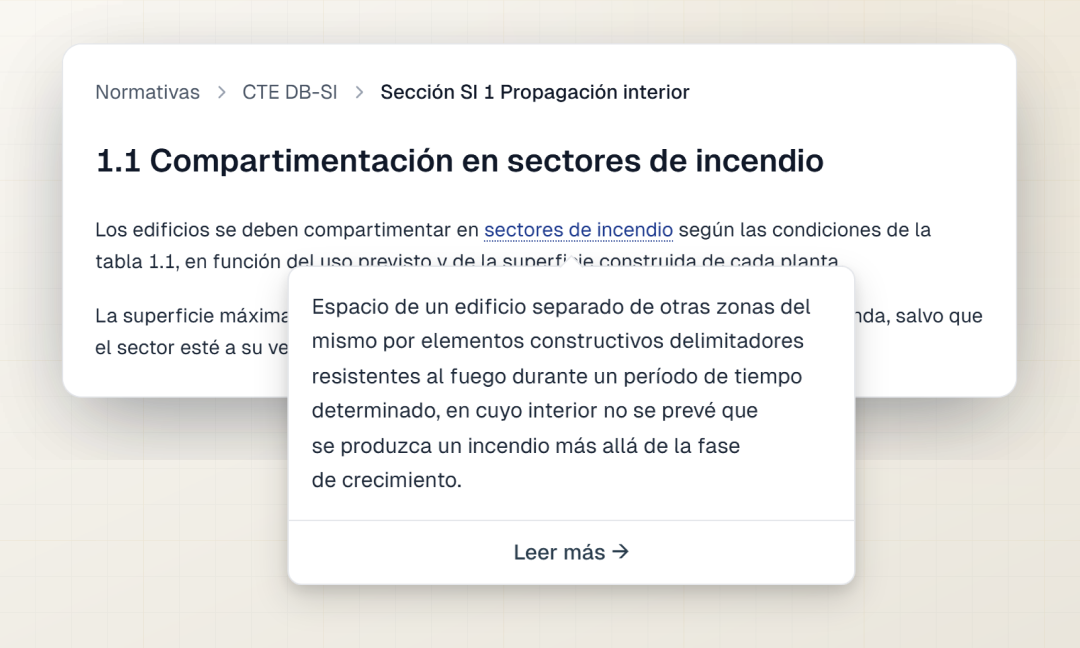 Párrafo de una sección del DB-SI con el término «sectores de incendio» subrayado y su definición oficial desplegada encima.