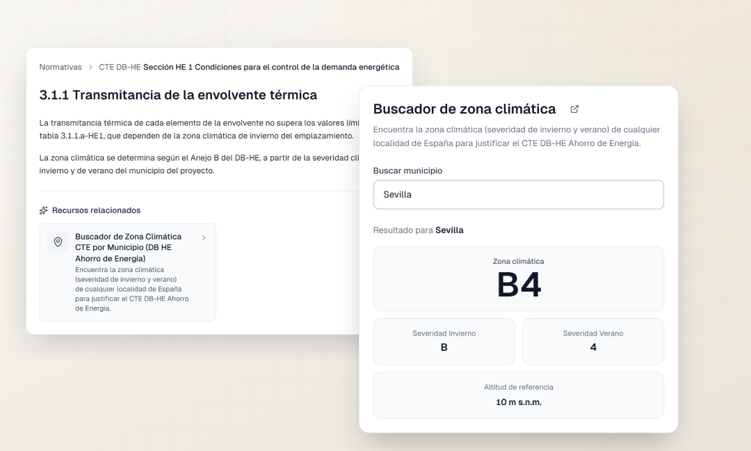 Artículo del DB-HE con el buscador de zona climática abierto junto al texto, mostrando el resultado B4 para el municipio de Sevilla.