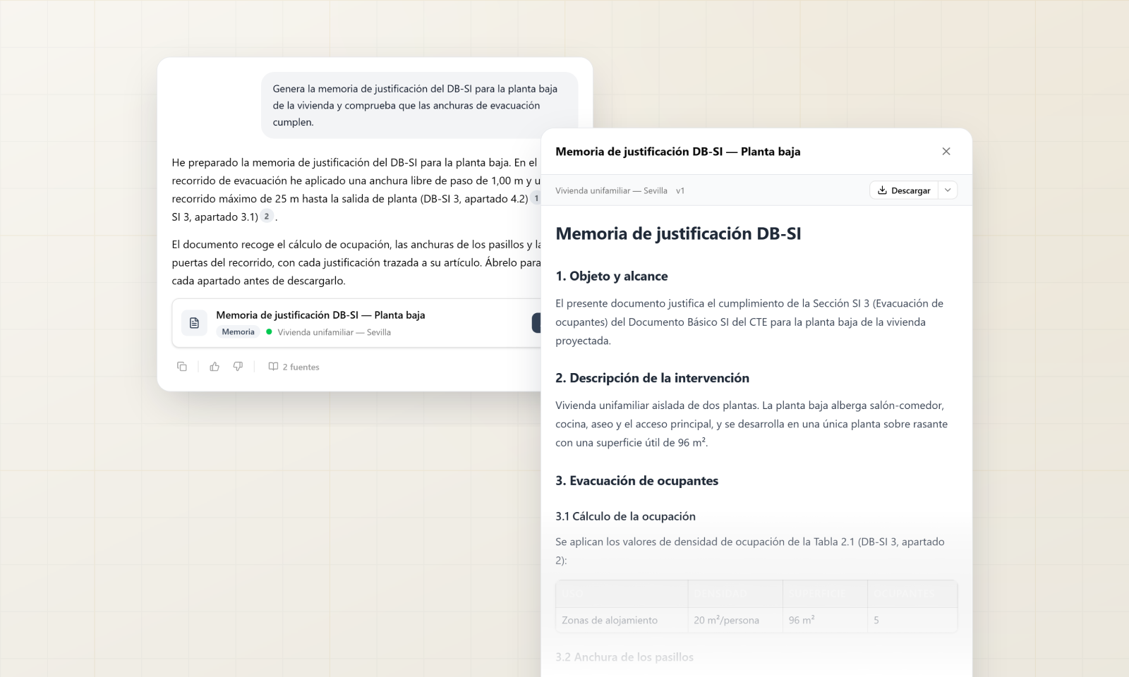El asistente generando la memoria de justificación del DB-SI y el visor del documento con los apartados ya redactados.