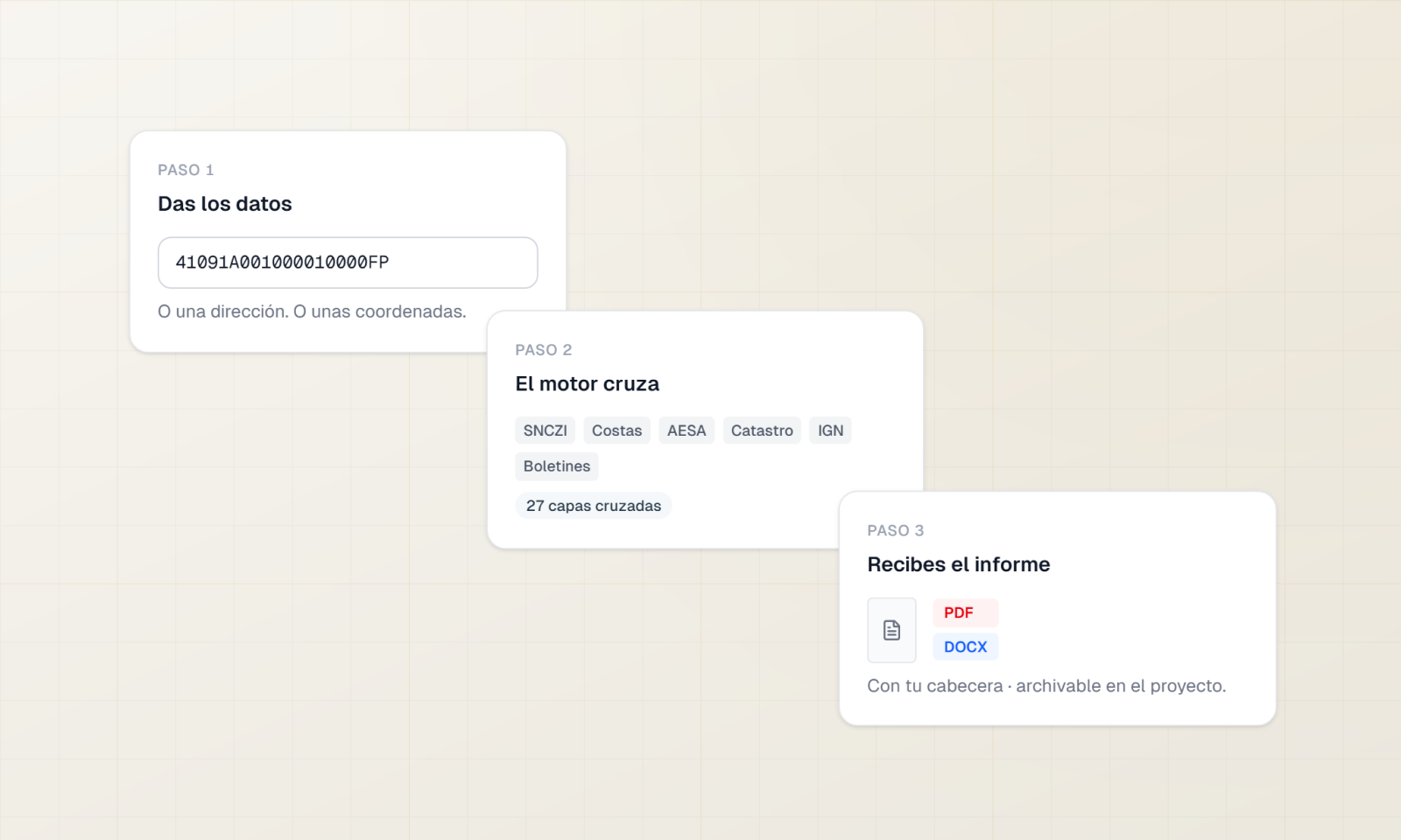 Los tres pasos del generador de informes: introducir los datos, el cruce de fuentes oficiales y la descarga en PDF o Word.