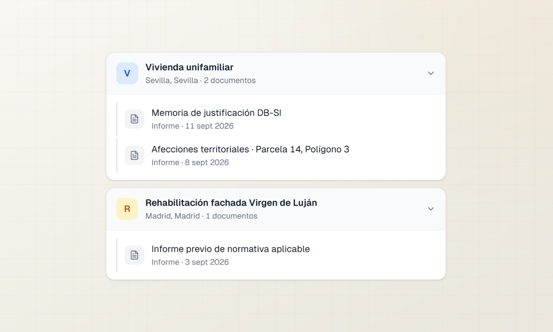 Sección «Mis Documentos» de un proyecto con los informes generados archivados y fechados por proyecto.
