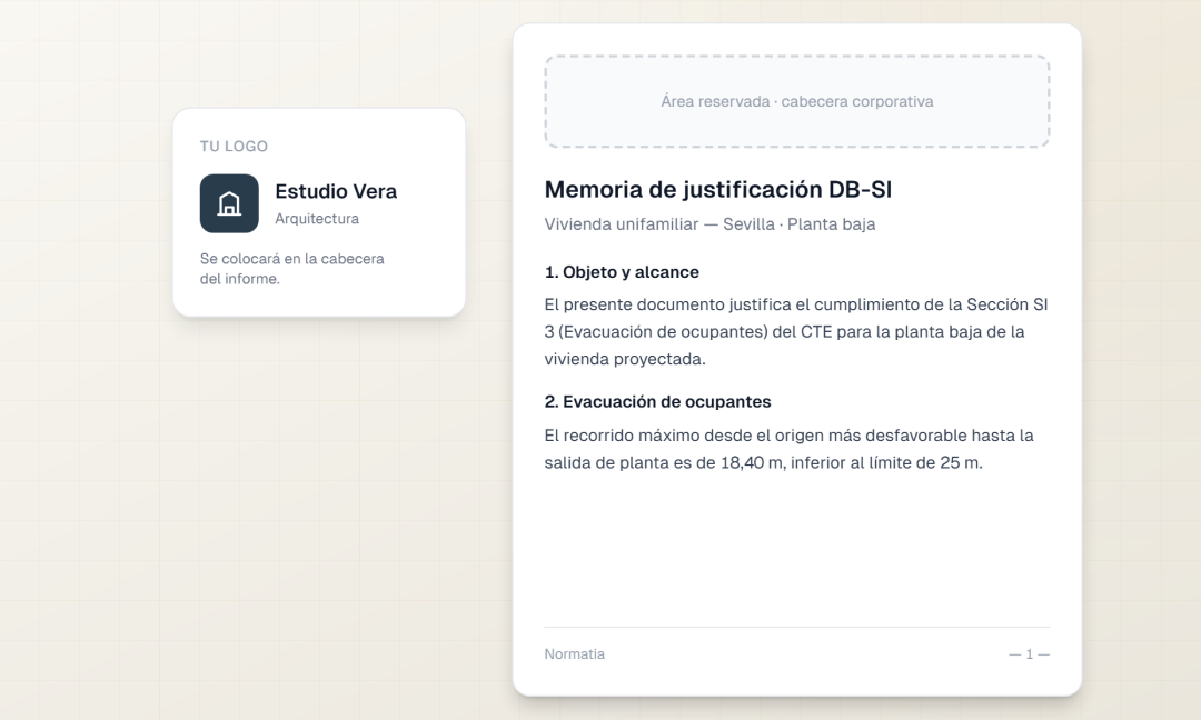Cabecera de informe con el logotipo y los datos de un estudio de arquitectura, junto a la memoria de justificación del DB-SI.