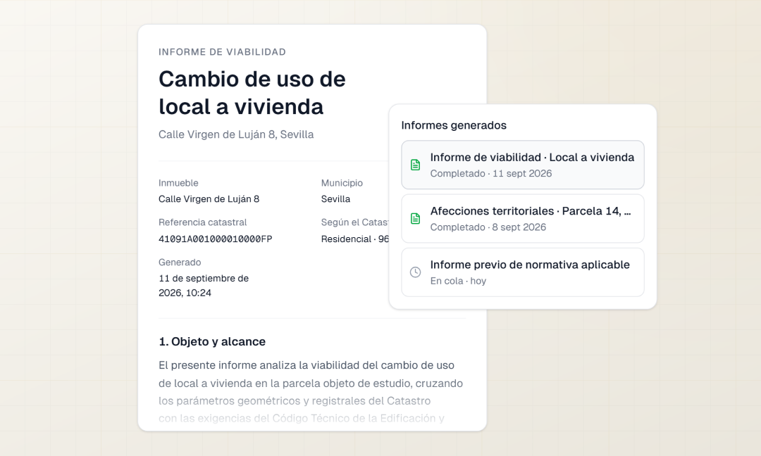 Primera página de un informe de viabilidad de cambio de uso, con los datos del inmueble y el listado de informes generados.