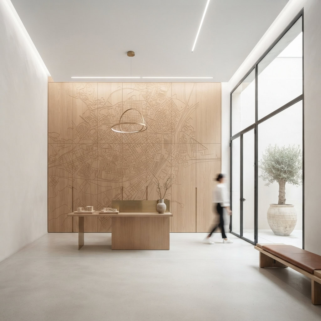 Sala de reuniones con el plano de una ciudad grabado a gran escala en el panelado de madera del fondo y una maqueta urbana sobre la mesa.