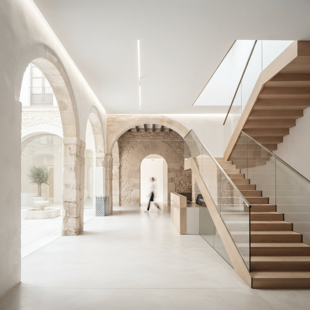 Vestíbulo de un edificio institucional rehabilitado: arcos de piedra hacia un patio con fuente y una escalera de madera junto al mostrador de atención.