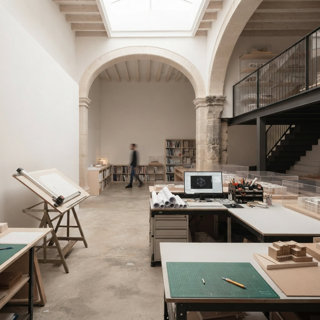 Estudio de arquitectura en una nave abovedada, con tableros de dibujo, planos enrollados y maquetas de cartón sobre las mesas de trabajo.