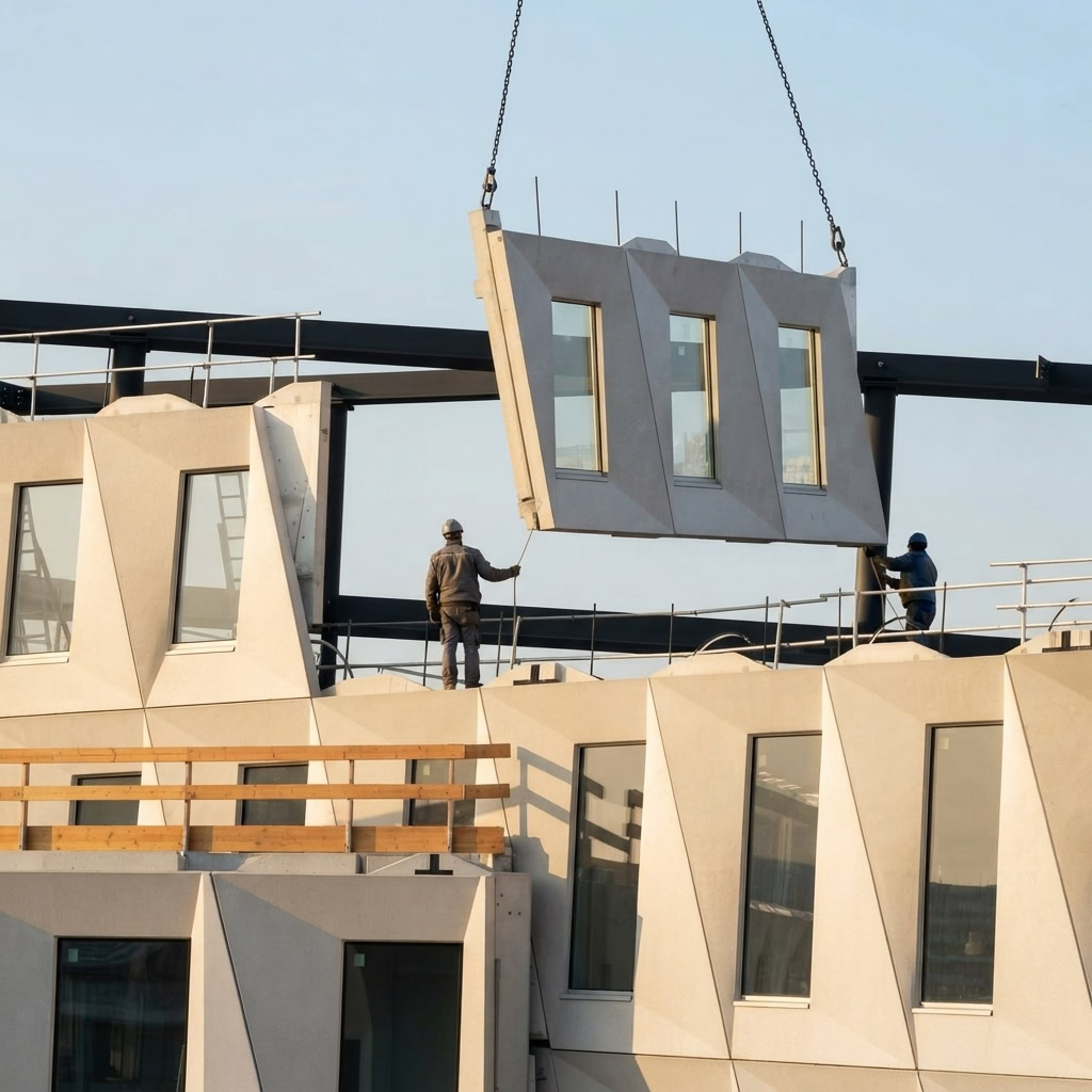 Dos operarios guían con una grúa la colocación de un módulo prefabricado de hormigón sobre la estructura metálica de un edificio en montaje.