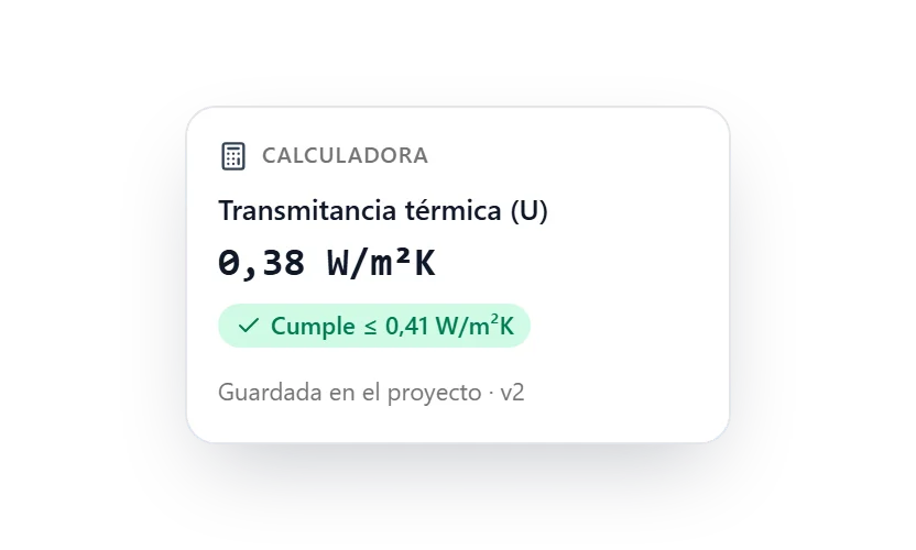Tarjeta de un cálculo de transmitancia térmica guardado en el proyecto, con el resultado y su comprobación