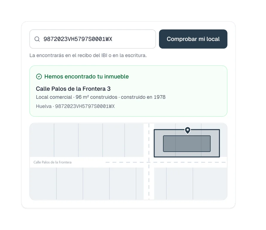 Ejemplo de alta de un inmueble por su referencia catastral, con la ficha encontrada en el Catastro y la parcela sobre el plano