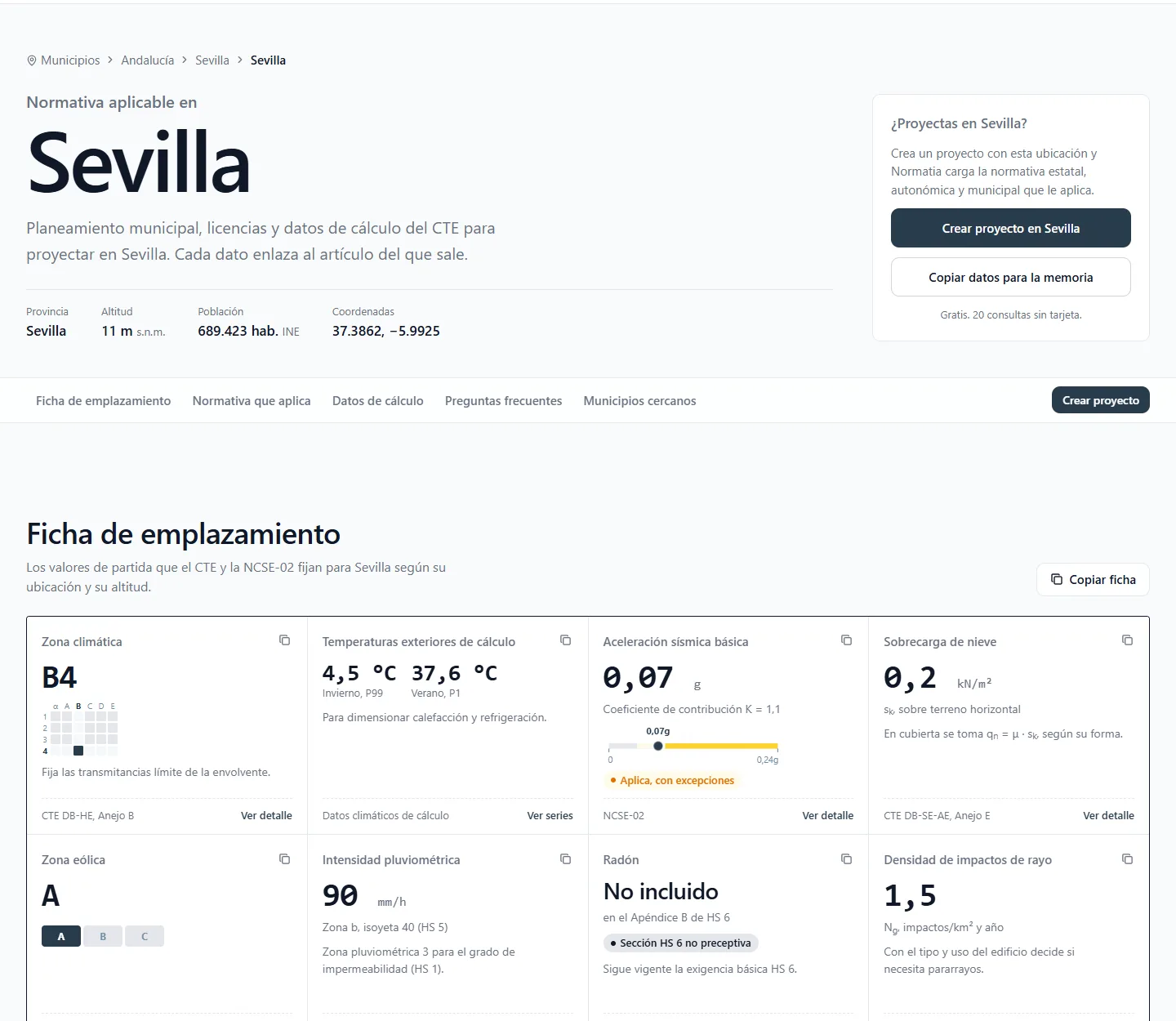 Ficha de Sevilla: cabecera con la normativa aplicable y la ficha de emplazamiento con zona climática B4, temperaturas de cálculo, aceleración sísmica, nieve, viento, lluvia, radón y rayo
