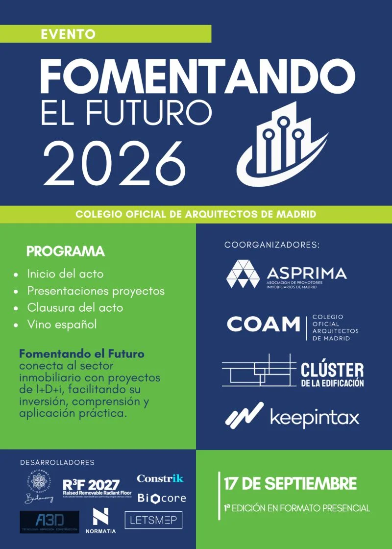 Cartel de Fomentando el Futuro 2026 en el Colegio Oficial de Arquitectos de Madrid, con Normatia entre los proyectos participantes