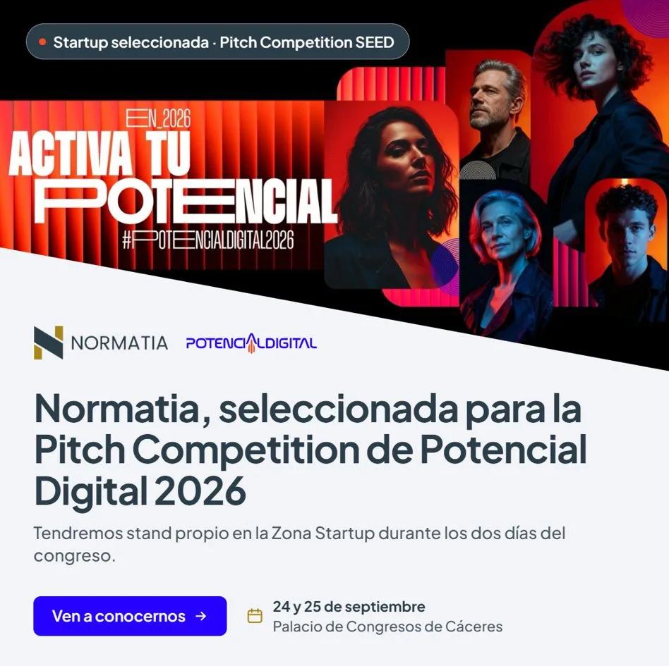 Normatia, seleccionada para el Pitch Competition de Potencial Digital 2026: stand propio en la Zona Startup, 24 y 25 de septiembre, Palacio de Congresos de Cáceres