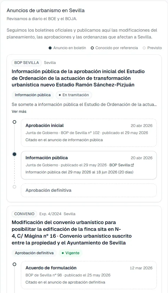 Anuncios de urbanismo de Sevilla en el radar: un estudio de ordenación en información pública y un convenio urbanístico aprobado definitivamente, cada uno con su línea temporal de tramitación